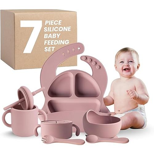 Silicone Baby Feeding Set 7-Piece Baby-Led Weaning Kit with Suction Plate & Bowl, Snack & Straw Cup with Handles, Bib & Utensils | BPA-Free, Microwave & Dishwasher Safe | Pale Mauve