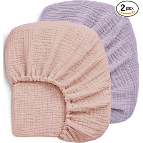Pro Goleem 2 Pack Muslin Crib Sheets for Girls, Soft Breathable Fitted Cotton Baby Bed Sheets Set for Standard Crib Mattress & Toddler Mattress 52"x28", (Pink&Purple)