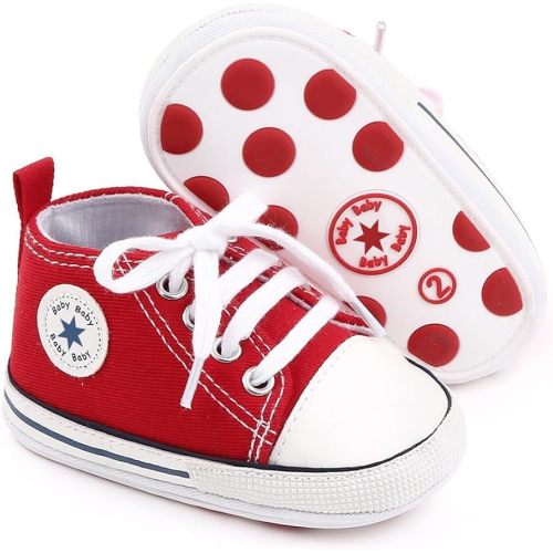 KKIIDDSS Unisex Baby Girls Boys Canvas High-top Shoes, Newborn Infant Anti-Slip Soft Sole Frist Walking Sneakers (A01/Red Rubber Sole,0-6 Months)