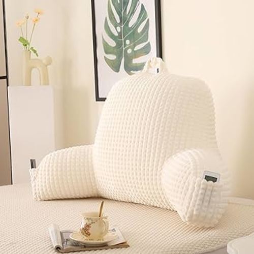 Reading Pillow for Sitting in Bed, Large Backrest Reading Pillow with Arm Rest,Back-Rest Support Cushion for Sit Up on Couch, Sofa, and Floor, Dorm Essentials (Cream Flannel, Large(19"))