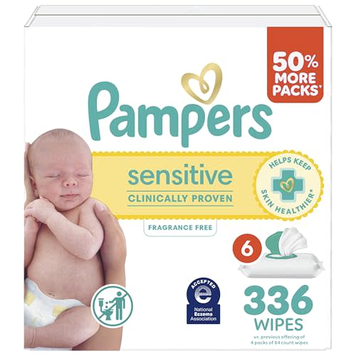 Pampers Sensitive Baby Wipes, Clinically Proven, Fragrance Free, Unscented, Water Based, Hypoallergenic, Multi-Use, Hand Wipes 336 Wipes Total (6X Flip-Top Packs) [Packaging May Vary]