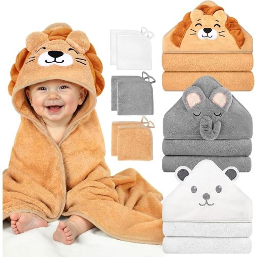 9 PCS Baby Bath Towels Set for Newborn Essentials (Lion, Bear, Elephant) | 3 PCS Animal Hooded Baby Towels, 6 PCS Washcloths Set, Ultra Absorbent Soft, Cute Infant Essentials, Gift for Boys & Girls
