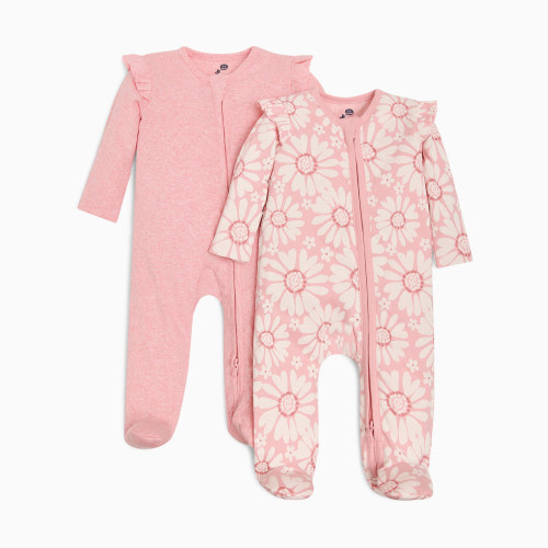 Small Story Organic Cotton Ruffle 2-Way Zip Footie (2 Pack) - Floral & Pink Heather, 0-3 M