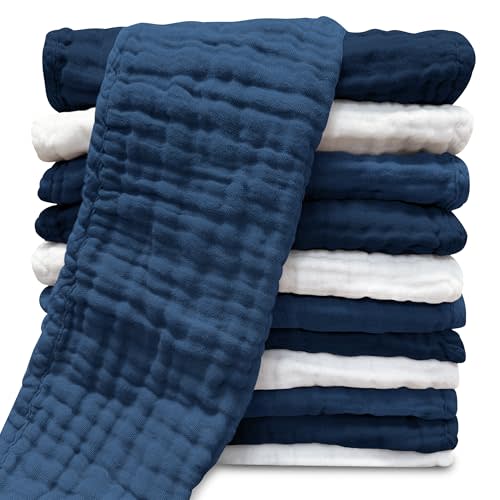 Muslin Burp Cloths for Baby 100% Cotton Burping Cloths for Unisex, Boy, Girl - Large 20'' by 10'' Newborn Essentials Ultra Soft Absorbent Milk Spit Up Rags - 12 Pack - White+Deep Navy Series