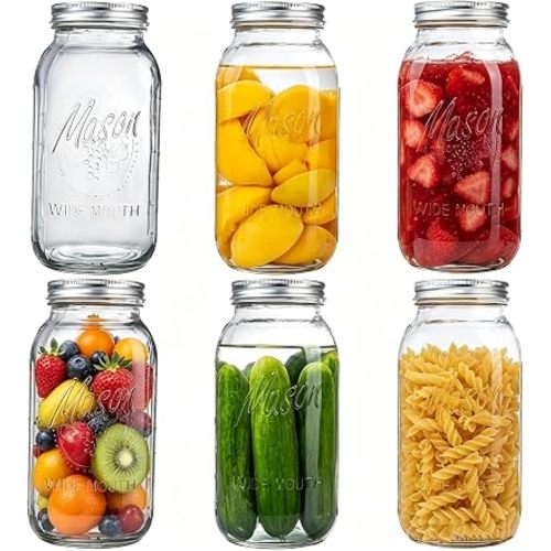 64 oz Mason Jars with Lids, Glass Jars for Canning, Wide Mouth Mason Jars for Spice Storage, Glass Jar with Lid for Pantry Organization, Jars for Home Kitchen Canning Set of 6