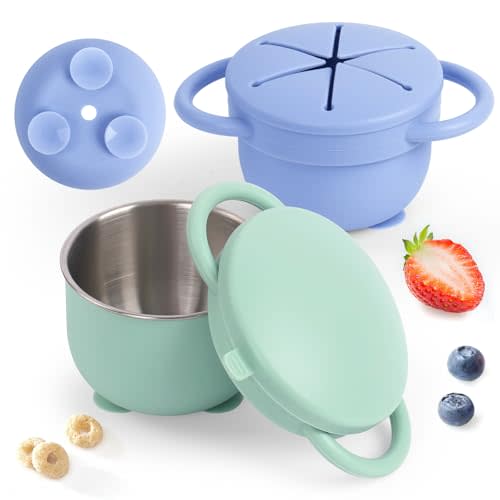 Daximo 2 Pack Toddler Snack Cups with Suction Base — 4-in-1 Detachable Stainless Steel Cups, Snack Cups for Toddlers Spill Proof with Silicone Lids & Handles (Blue-purple and Green)