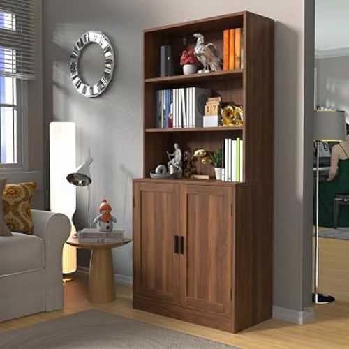 holzart 75" Tall Bookcase with Doors, 5 Tier Large Bookshelf with Cabinet, Standing Wood Display Book Shelf for Living Room, Office, Library with Doors, Brown