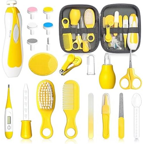 Baby Healthcare and Grooming Kit, 21pcs Baby Electric Nail Trimmer Set Newborn Nursery Health Care Set for Newborn Infant Toddlers Baby Boys Girls Kids Haircut Tools (21 Kits Yellow)