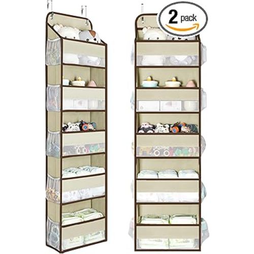 Yecaye 2 Pc Over the Door Organizer with 5 Bins 10 Side Pockets, 44lbs Load Hanging Bathroom and Bedroom Organizer, behind the Door Hanging Organizers for Nursery Newborn Baby Essential Stuff Beige