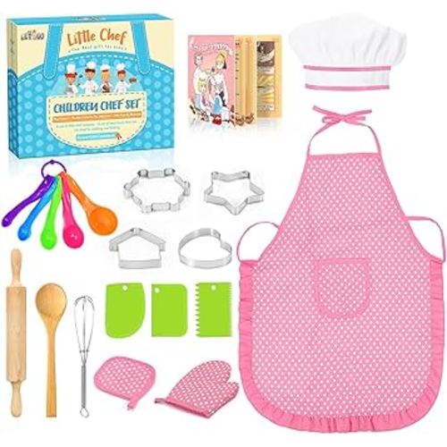 Toyze Birthday Gifts for 3-8 Year Old Girls Cute Stuff Apron for Girls Kids Cooking Sets Toddler Toys Kids Chef Hat and Apron Easter Christmas Stocking Stuffers White-with Cookbook
