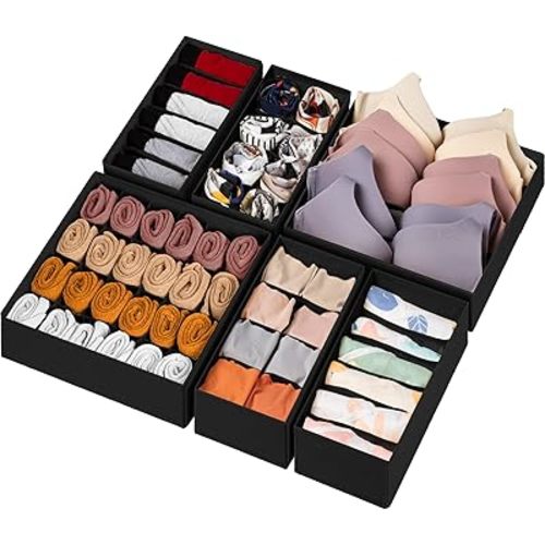 6 Pack Sock Underwear Drawer Organizer Dividers, 58 Cell Foldable Fabric Dresser Closet Organizers and Storage Bins for Clothing, Baby Clothes, Bra, Panty, Scarf, Ties (Black)