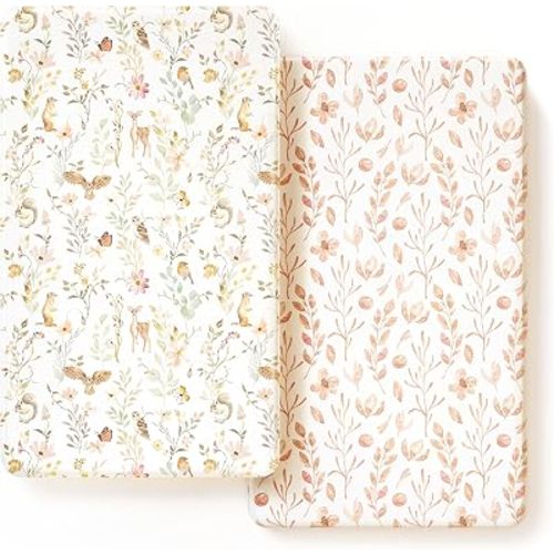 Stretch Ultra Soft Jersey Knit Fitted Crib Sheets Set 2 Pack,Fit All Standard Crib Mattress Pads Safe and Snug, Crib Fitted Sheet for Girls, Beautiful Blush Pink Floral and Cute Animals Print