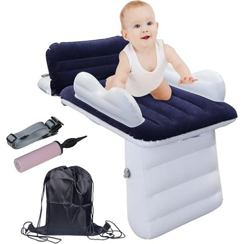 Inflatable-Toddler-Travel-Bed for Airplane Car Seat Portable Foldable Infant Travel Bed Baby Travel Crib with Sides,Hand Pump Safety Belt and Carry Bag Sets