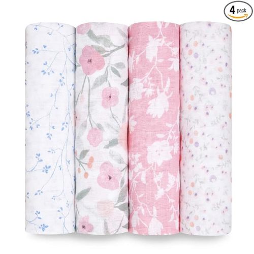 aden + anais Boutique Muslin Swaddle Blanket for Baby Girls and Boys, Newborn Receiving Blanket for Swaddling, 100% Muslin Cotton Swaddle Wrap, 4 Pack, Mon Fleur