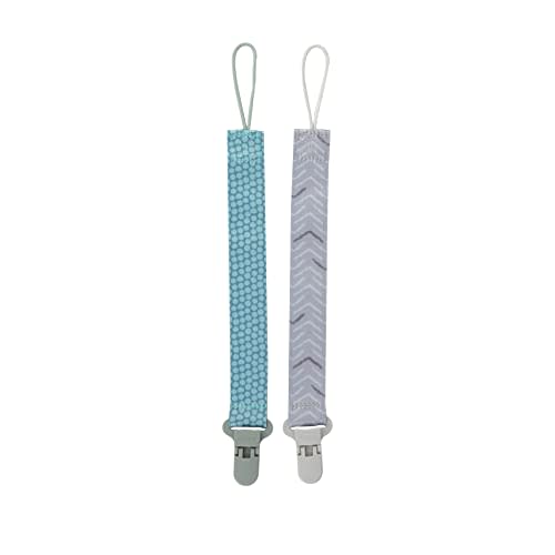 Nuby Pacifinder Baby Pacifier Clip - (2-Pack) - Pacifier Holder Clip with Convenient Hook Loop - Green Dots and Gray Arrows