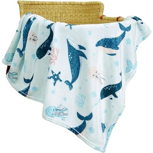 TILLYOU Toddler Flannel Blanket - Warm and Cozy Baby Blanket for Boys and Girls, Smooth and Creamy Blanket, Cute and Lightweight, 40×50 inches, Whale