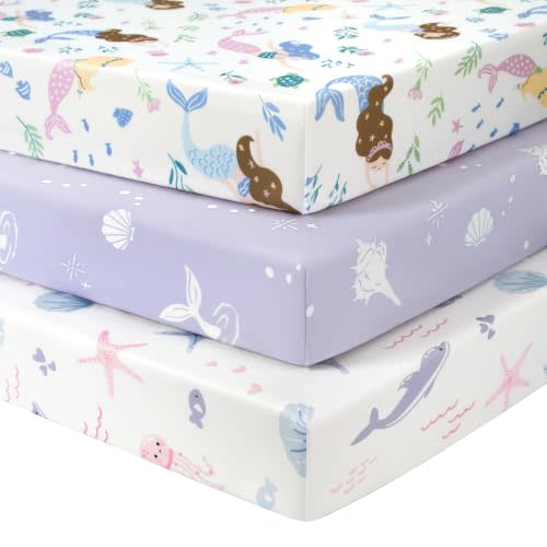 Baby Crib Sheets Girl, 3 Pack Toddler Bed Sheets Fitted for 52”x28” Standard Crib and Toddler Mattresses, Super Soft Microfiber Purple Mermaid