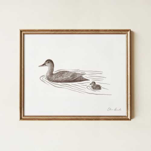 Mother and Duckling Watercolor Art Print, Nursery Wall Decor, New Mom Gift, Cottagecore Farmhouse Art, Unframed