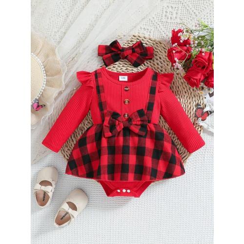 Baby Girl's Long - Sleeved, Comfortable Round - Neck Romper In Red Plaid, Cute Dress, Elegant And Stylish , Two - Piece Set With A Matching Headscarf, Suitable For Spring And Autumn Parties. | SHEIN USA
