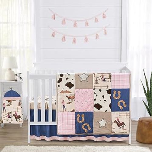 Sweet Jojo Designs 4-Piece Baby Crib Bedding Set (Western Cowgirl) for Girls, Infants/Nursery incl. Blanket, Fitted Sheet, Skirt, Diaper Stacker (Wild West, Cow Print, Vintage, Bandana, Patchwork)