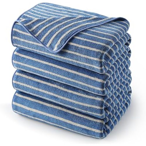 ecolook Striped Microfiber Bath Towel Set of 4, Lightweight-Blue