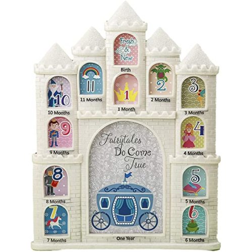 Mozlly White Fairy Tales Do Come True Castle Baby First Year Collage Photo Frame Glitter Finish 12 x 9.5 Inch Nursery Room Decor for Little Prince & Princess 1 Month-1 Year Pictures