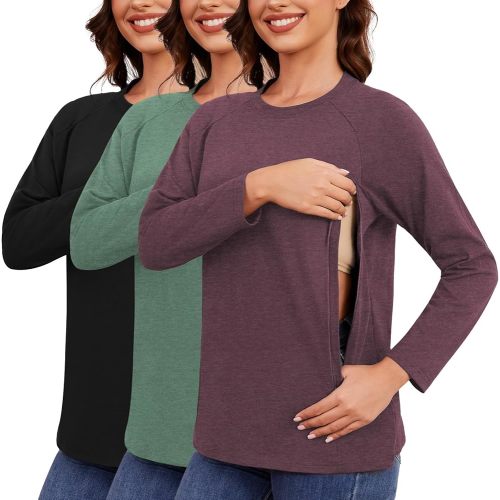 Ecavus 3-Pack Long Sleeve Breastfeeding Shirts with Hidden Zippers Comfort and Soft Nursing Shirts for Women