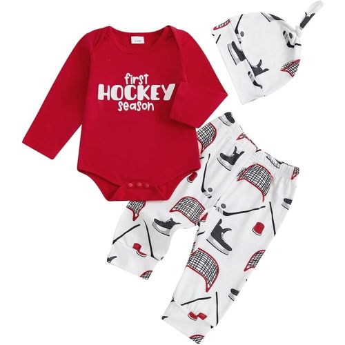 PUHHAPIEY Newborn Baby Boy Outfit Football Print Long Sleeve Romper Pants Set + Hat 3Pcs Fall Clothes 3 6 12 18 Months