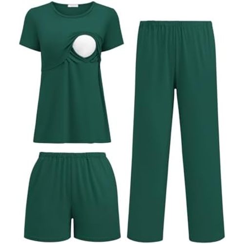 Ekouaer 3 Piece Postpartum Nursing Pajamas Set Short Sleeve Breastfeeding Shirts Pregnancy Shorts & Pants Maternity Pjs