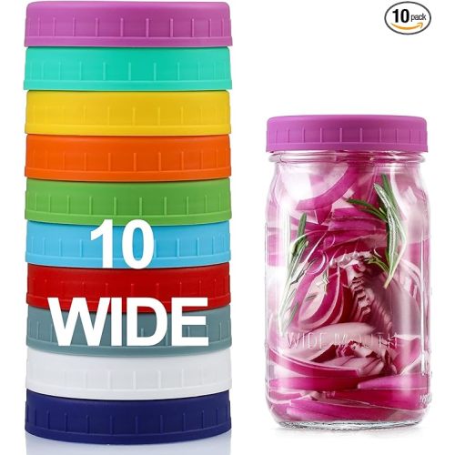 10 Pack Plastic Wide Mouth Mason Jar Lids for Ball, Kerr and More - Multicolor Storage Caps for Mason Jars, Canning Jars - Leak-Proof, Dishwasher Safe & Food Grade