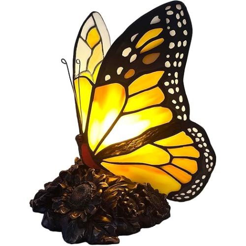 Bieye L13015 Monarch Butterfly on Sunflower Tiffany Style Accent Table Lamp for Home Decor (Orange)