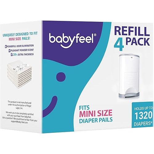 Babyfeel Refills Compatible with DEKOR MINI Diaper Pails | 4 Pack | Exclusive 20% Extra Thickness | Diaper Pail Refills with Powerful Odor Elimination | Powder Scent | Holds up to 1320 Diapers