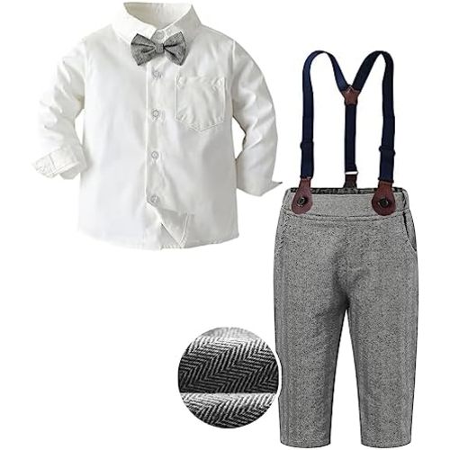 SANGTREE Boys Gentleman Clothes Set, Short Sleeve Shirt with Bowtie + Suspender Pants Outfit, 3 Months - 6 Years