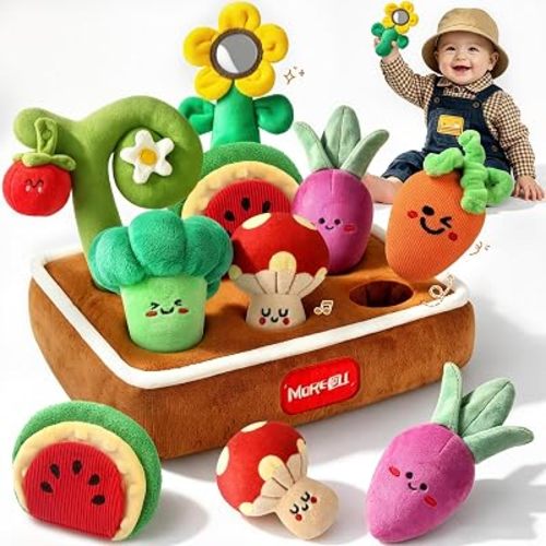 MORECOLL Fruit & Veggie Baby Sensory Plush Set, Baby Toys 6-12 Months, Garden Plush Toys with Rattle, Crinkle, Squeak, Mirror, Pull, Match & Plant Play, Montessori Baby Gift for Boys Girl Infant