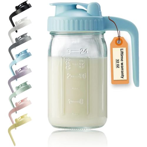 32oz Glass Pitcher with Lid & V-shaped Pour Spout - 1 Quart Breastmilk Pitcher Double Leak Proof, Creamer Container for Sun Tea, Juice, Cold Brew Coffee, Breastmilk Storage Container