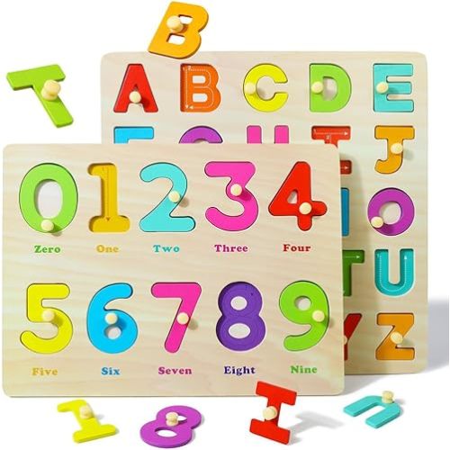 GRINNNIE Toddler Puzzle for 2 3 4 Years Old, Wooden Alphabet Number Peg Puzzles for Preschool Toddlers Age 2-4, Great Learning Puzzle Toy 1st Birthday Gift for Girls Boys