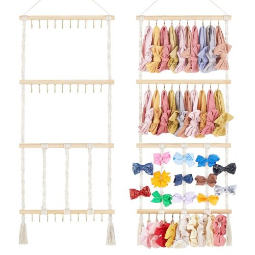 Dahey Headband Holder Bow Organizer for Girls Hair Bows Macrame Bow Holder Hair Accessories Hanger Necklace Display with 30 Hooks Wall Hanging Over Door Organizer Boho Nursery Decor for Baby's Room
