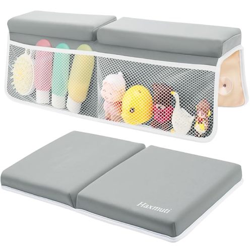Bath Kneeler and Elbow Rest Pad Set, Thick and Quick Dry Kneeling Pad Support for Knee and Arm, Extra Large Baby Bath Kneeler Pads Bathtub Mat with Toys Organizer for Baby Bath Time, Grey