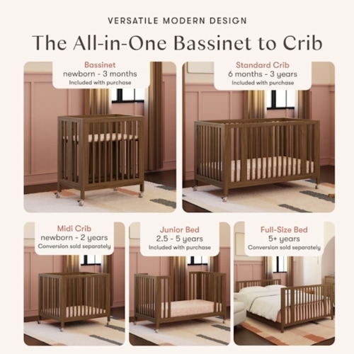 Rolli Walnut 9-in-1 Convertible All-Stages® Crib with Bassinet & Toddler Bed Conversion Kits
