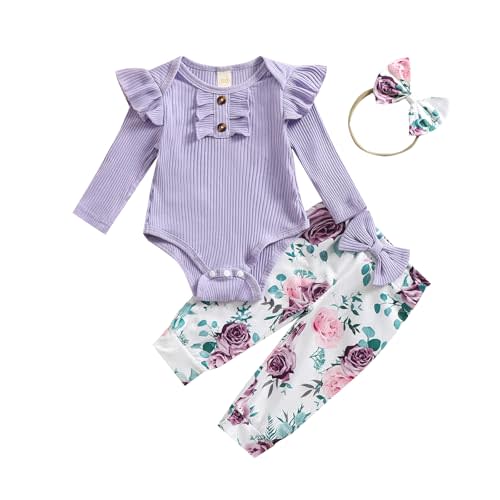 Aimaopao Baby Girls Clothes Ribbed Romper Bodysuit Pants Headband Set Fall Winter Outfits