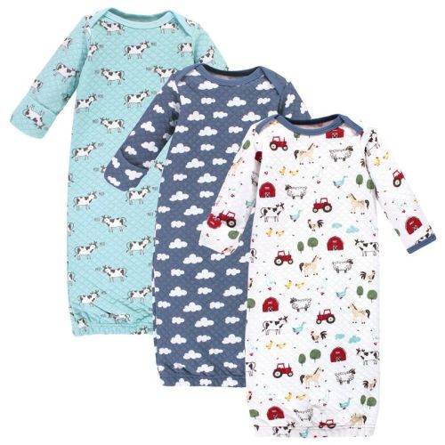 Hudson Baby Infant Boys Quilted Cotton Long-Sleeve Gowns 3pk, Boys Farm Animals, 0-6 Months