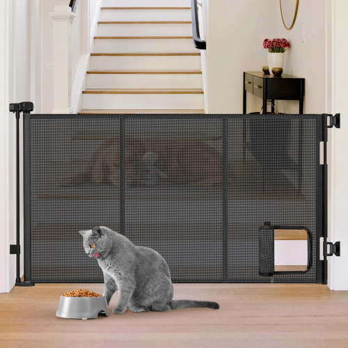 Reinforced 60” Wide Retractable Baby Gate with Cat Door 33” Tall Retractable Pet Gates with Reinforced Strips Mesh Dog Gate with Cat Door Mesh Gates for Kids or Pets Cats Can in and Out Freely,Black