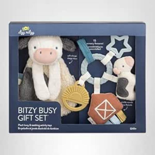 Itzy Ritzy Teething Toy Gift Set - Includes Cow Lovey & Barn-Themed Busy Ring Car Seat and Stroller Toy - Features Crinkle Sounds, Engaging Textures & Silicone Teething Relief (Farm)