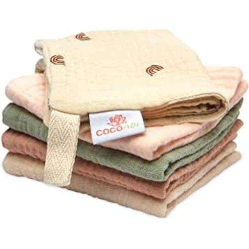 COCOAbi Baby Washcloth Set | 100% Cotton Muslin | Naturally Soft For Babies | Boho Colors & Pattern | Gentle Muslin Cloth | Fast Drying & Durable | Beautiful Baby Gift | 9” x 9” Bath Cloths | 5 pc set