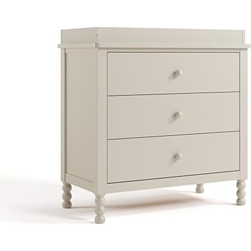 Storkcraft Rio 3 Drawer Chest with Changing Topper (Frosted Oat) – GREENGUARD Gold Certified, Premium Wood Dresser for Baby & Kids Bedroom, Safety Interlocking Drawers, Pre-Installed Tracks