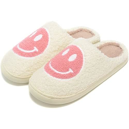 Retro Fuzzy Face Slippers for Women Men, Retro Soft Fluffy Warm Home Non-Slip Couple Style Casual Smile Face Slippers Indoor Outdoor Anti-Skid Warm Cozy Foam Slide Fuzzy Slides with Soft Memory Foam Shoes