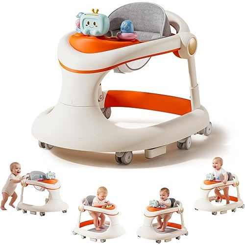 Baby Walker with Wheels, 5-in-1 Foldable Baby Walker for Boys and Girls 7-18 Months with Adjustable Height Detachable Seat and Music Tray Baby Activity Walker, Anti-Fall Activity Center for Boys Girls