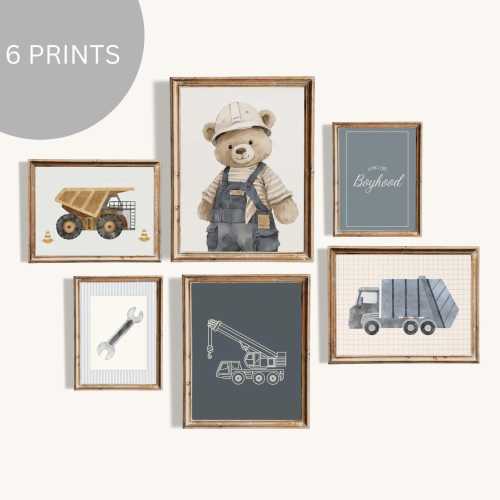 Teddy Bear Blue Gallery, Navy Construction Vehicle Boy Room, Printable Art Crane, Heavy Hauler, Garbage Truck, Boyhood Nursery, Big Boy Room