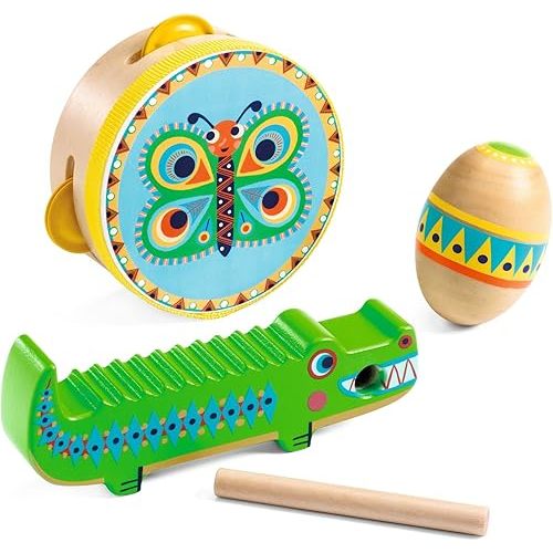 DJECO Animambo, Kids Musical Instrument Set, Guiro Maracas Tambourine, 3 pc