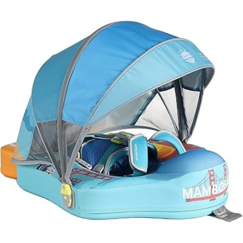 Mambobaby No-Flip Baby Pool Float with Canopy & Tail Non-Inflatable Swim Float for Infants, Pearl-Foam, UPF 50+ & Adjustable Safety Five-Way Harness, Skin-Friendly for Boys Girls 3-24 Months